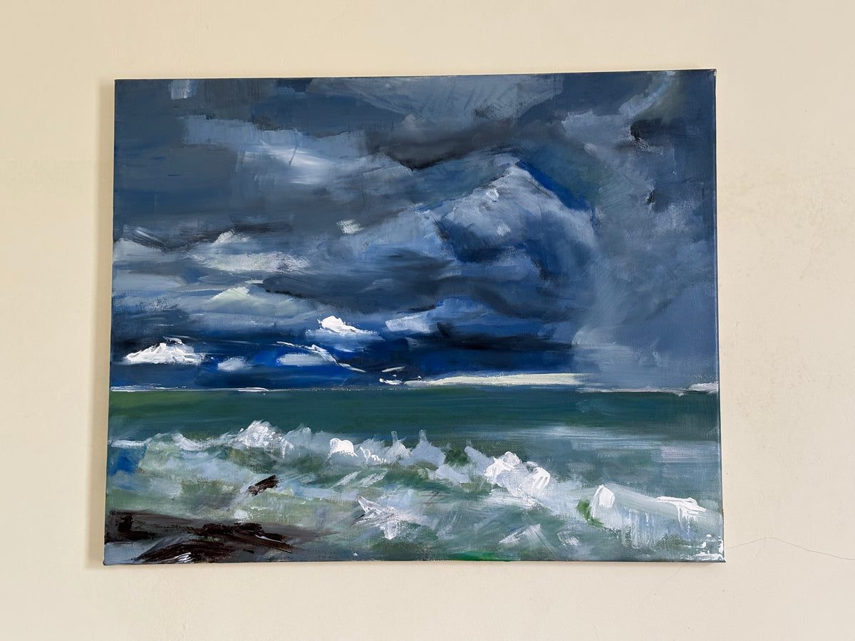 Original oil painting of a stormy seascape with crashing waves and dramatic cloudy sky